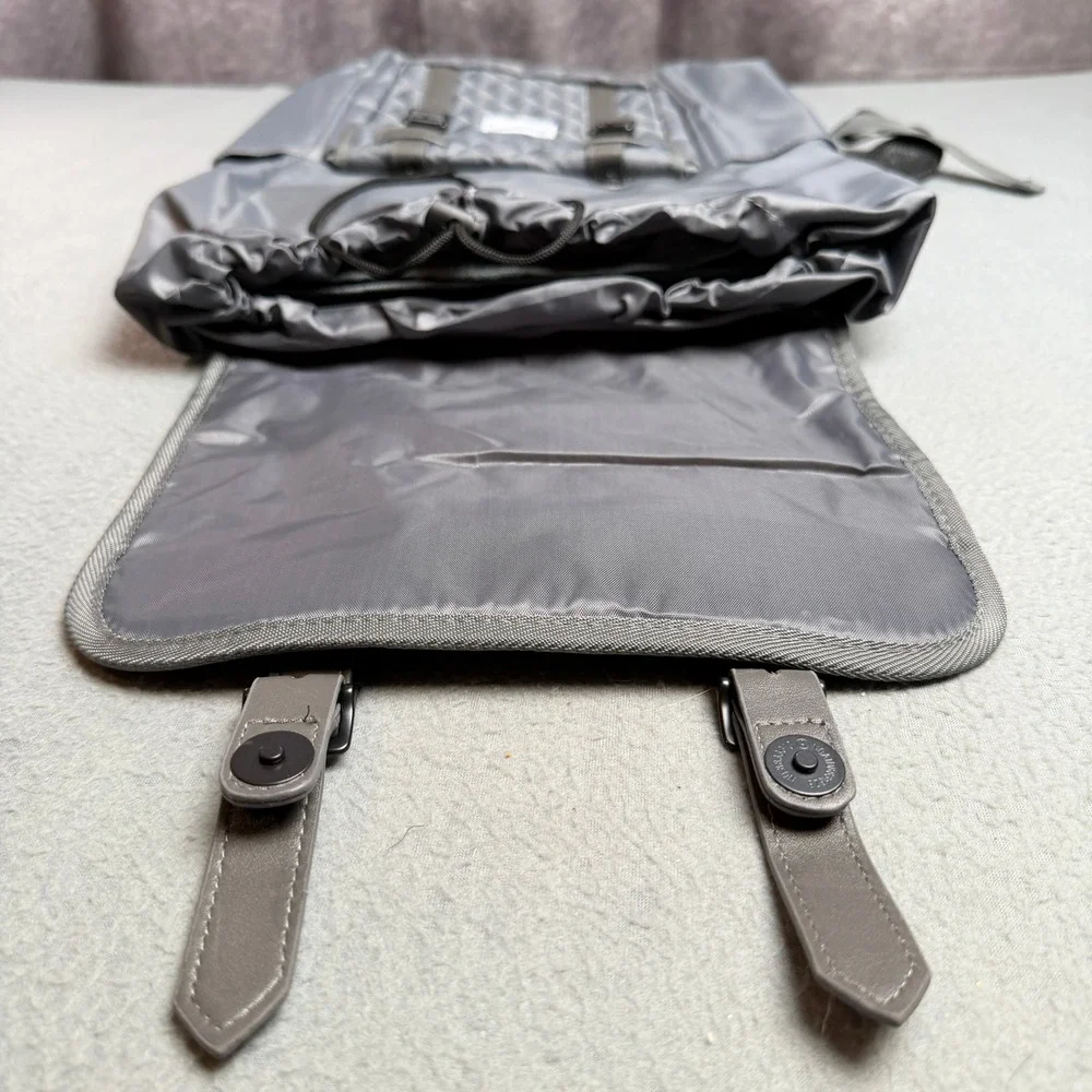 Journeyman Gray Quilted Nylon Drawstring Backpack Magnetic Buckle Straps Travel